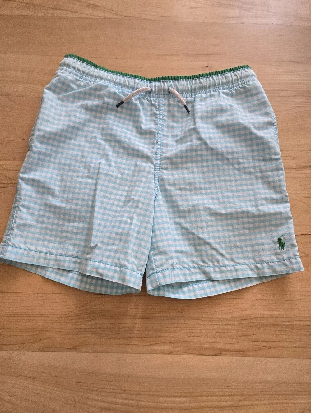 Polo by Ralph Lauren Boys Light Blue Gingham Swim Trunks with Green Trim